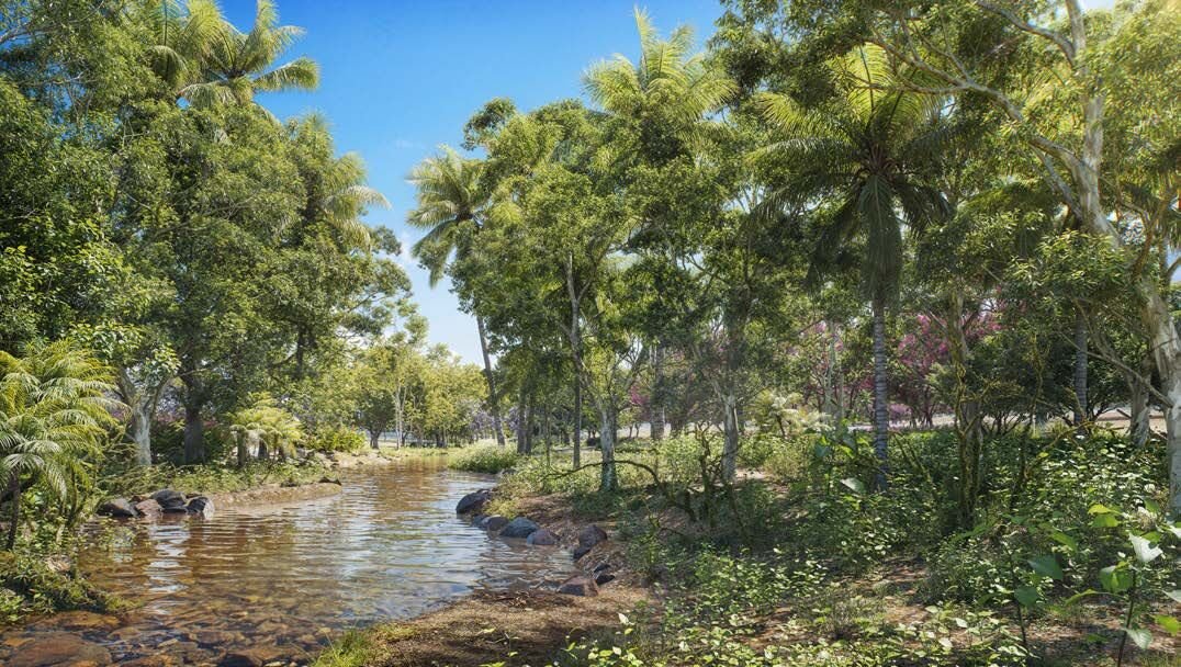 Parque botânico com riacho natural preservado dentro do BS Botanic